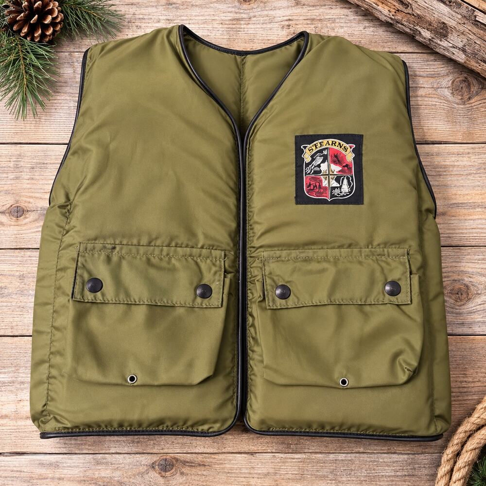 Vintage Stearns Universal Youth Hunt & Fish Buoyant Vest Olive Green Size 24-30
